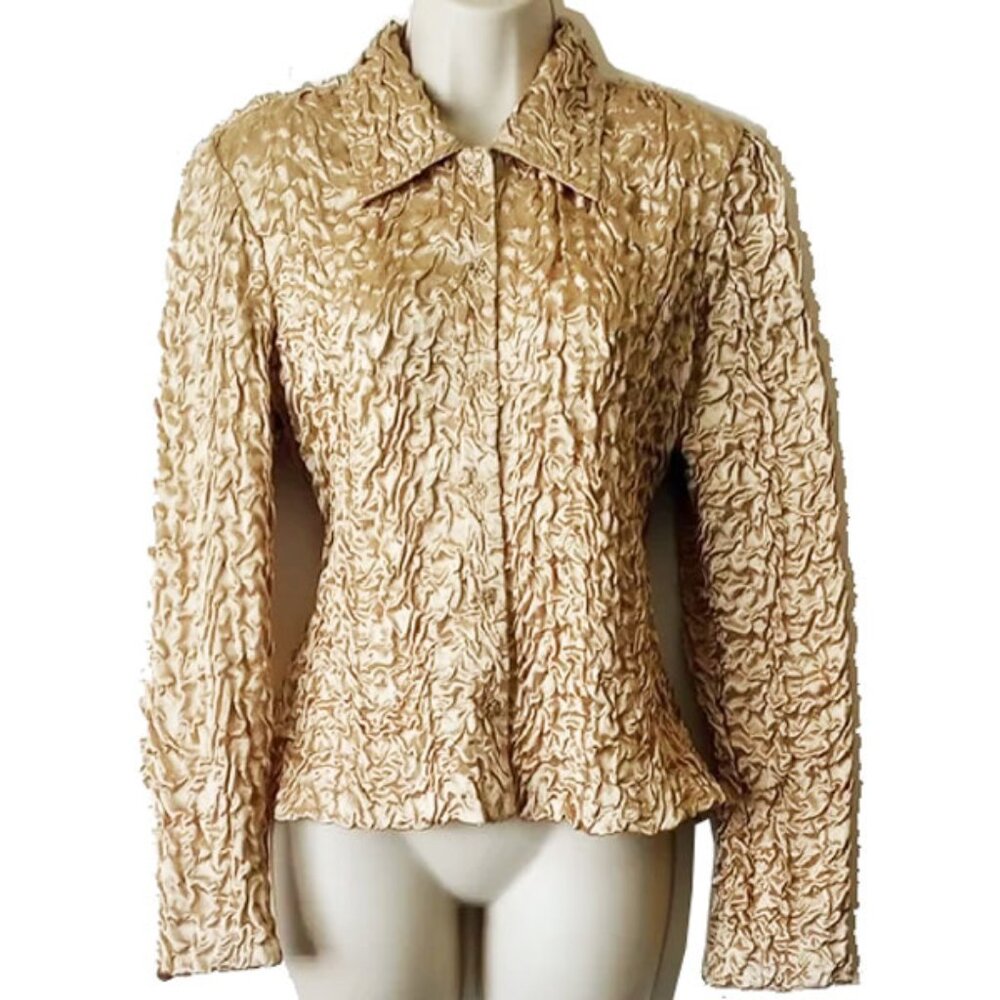 NWOT Joseph Ribkoff Trends Metallic Gold Shirred Jacket 8 Rhinestone Buttons